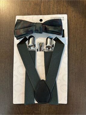 Camouflage Bow Tie & Dark Green Suspenders Set